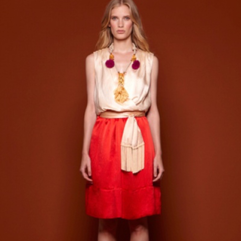 TORY BURCH Darya Dress 100% Silk Red & Beige